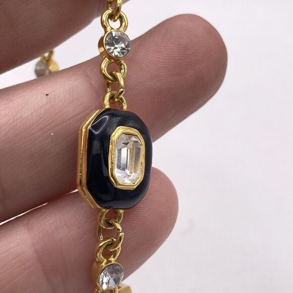 Vintage Monet Bracelet Gold tone Black enamel Clear Crystal Art Deco Geometric - Picture 2 of 5
